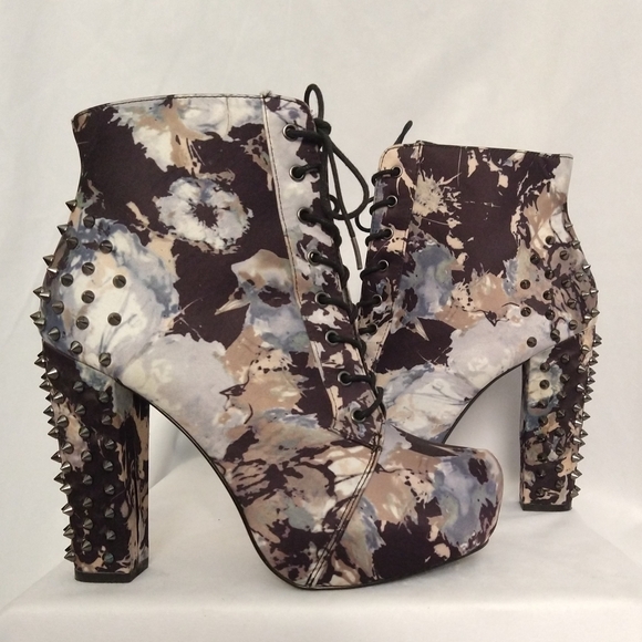 Call It Spring Blue And Cream Floral Lace-Up Boots with Studded Heels - Picture 2 of 6